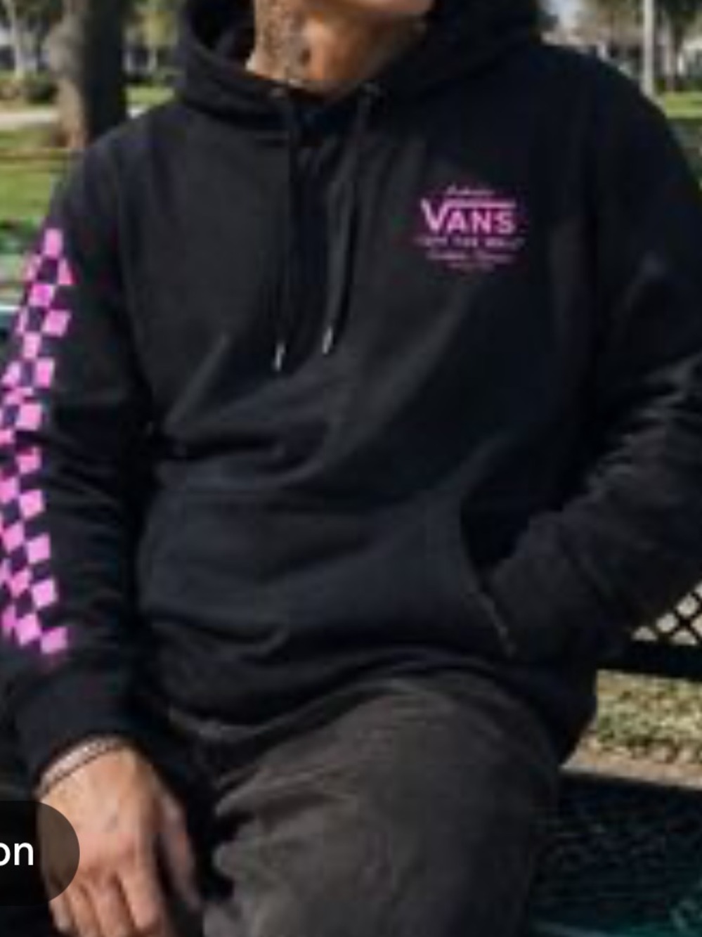 Vans Black Hoodie with Pink Checker Sleeve Medium
